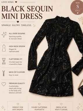 Black Sequin Mini Dress - High Neck, Long Sleeve